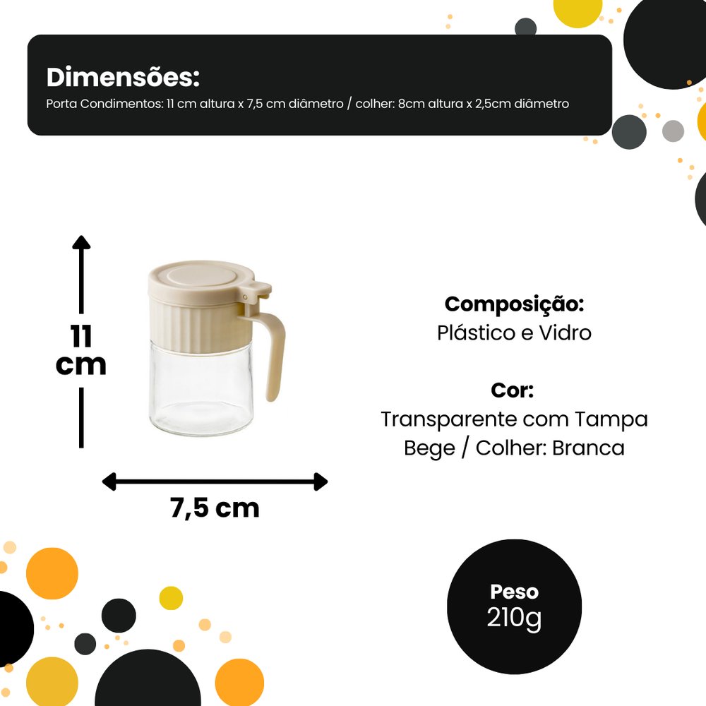 Porta Condimentos Redondo Vidro 280ml com Colher Tampa Hermética Acessório Cozinha - Imagem 3