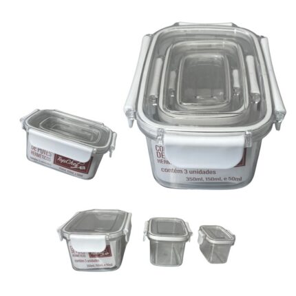 Conjunto 3 Pote Hermético Retangular Plástico Transparente Tampa Vedação Tamanho Pequeno Médio Grande