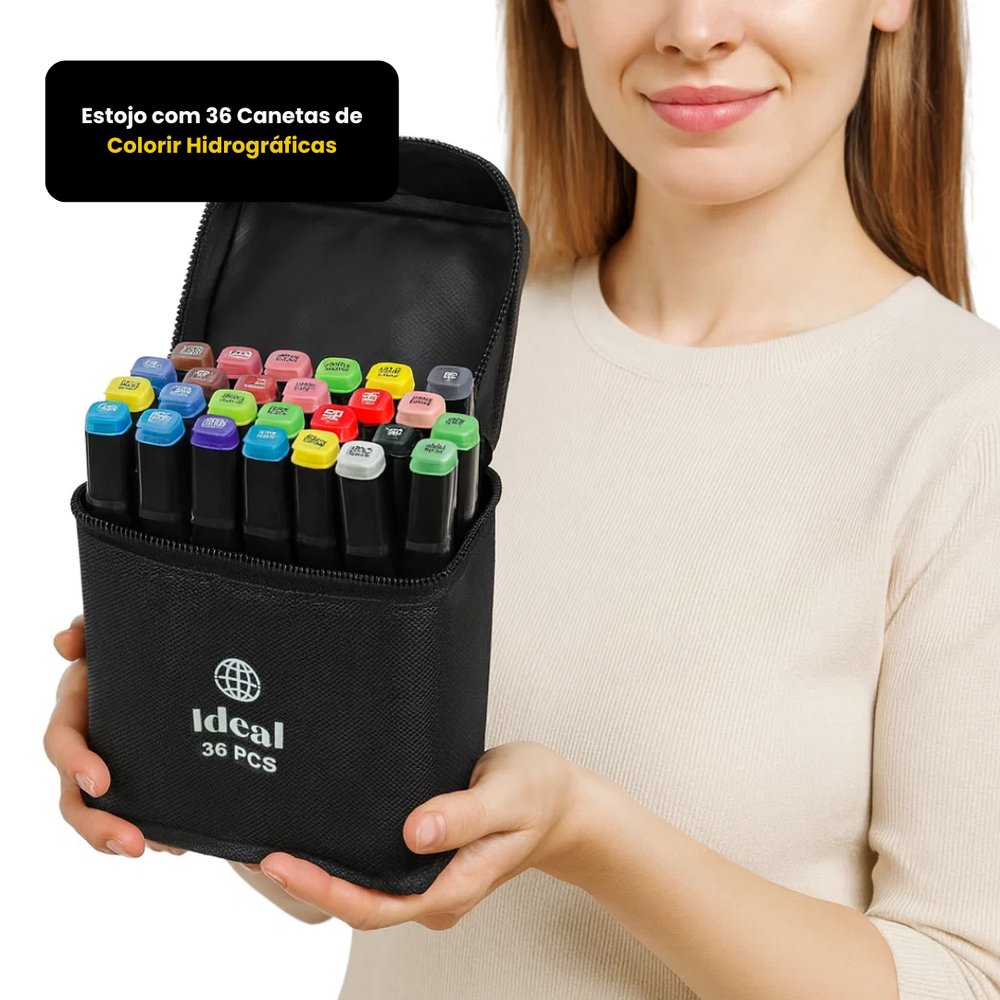 Estojo com 36 Canetas Hidrográficas de Colorir, Cores Vibrantes, Anti-Ressecamento, Material Plástico Resistente - Imagem 4