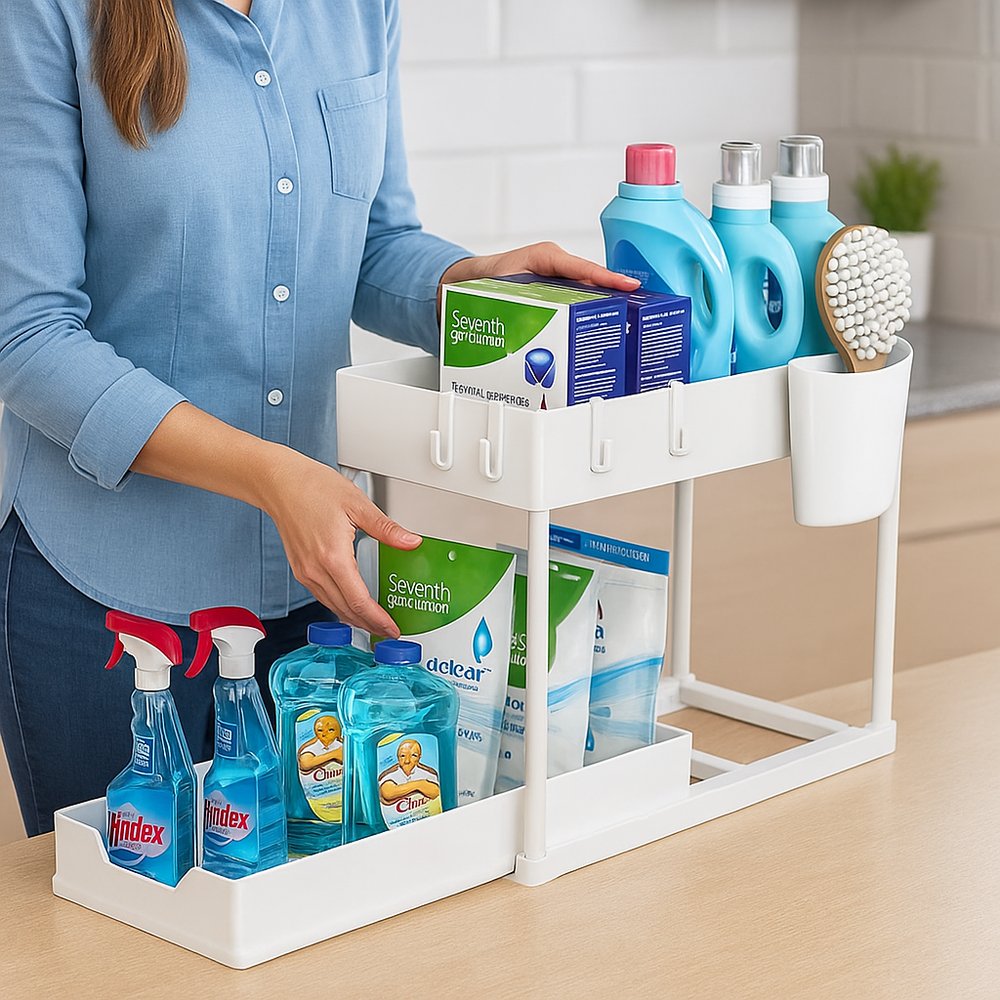 Organizador Multiuso 2 Níveis com Bandeja Corrediça Branca Plástico Resistente Espaçoso - Imagem 2