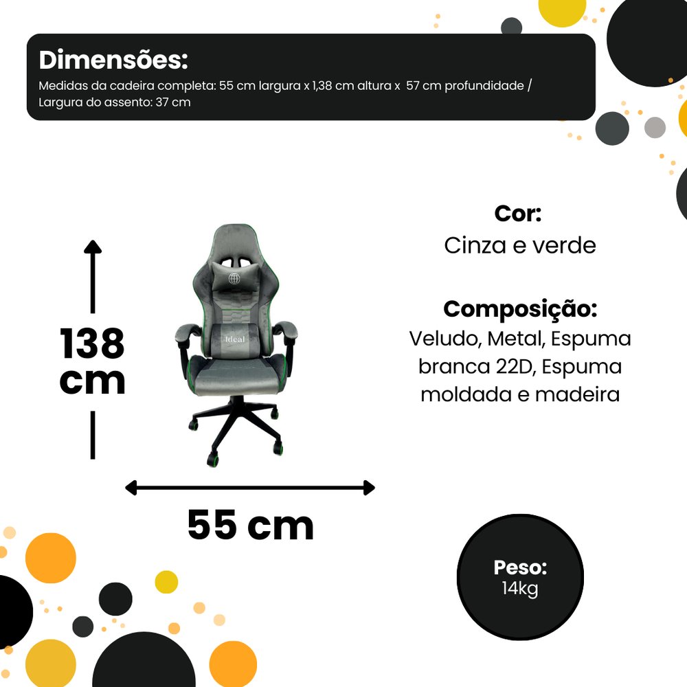 Cadeira Gamer Giratória Cinza com Ajuste de Altura e Encosto Reclinável Confortável - Imagem 6