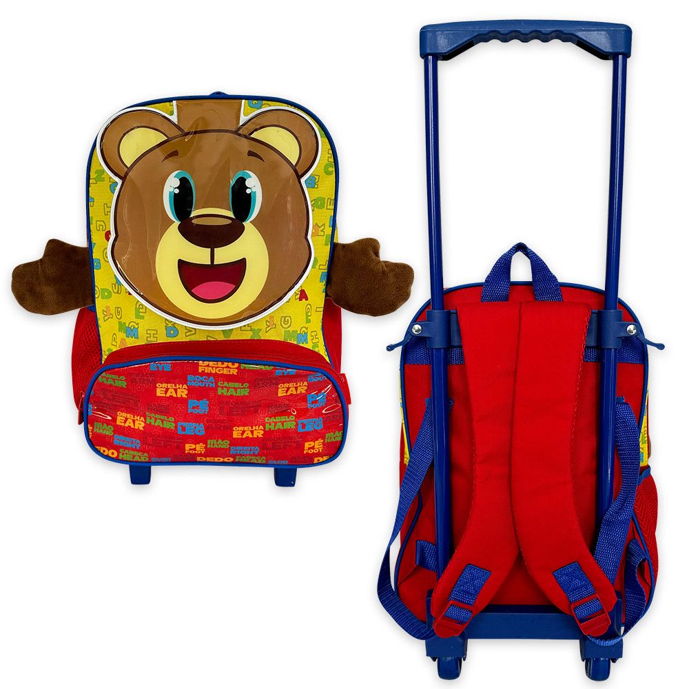 Mochila Infantil Escolar Ursinho com Rodinhas Amarela e Vermelha Resistente 16 Litros - Imagem 4