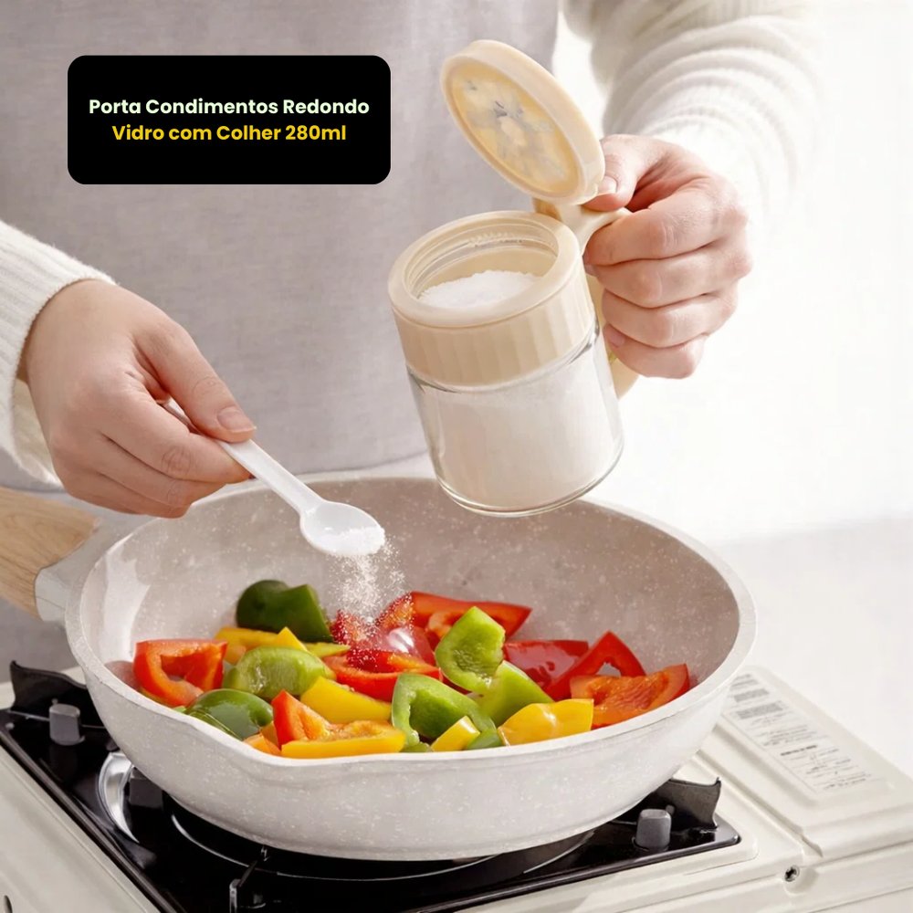 Porta Condimentos Redondo Vidro 280ml com Colher Tampa Hermética Acessório Cozinha - Imagem 4