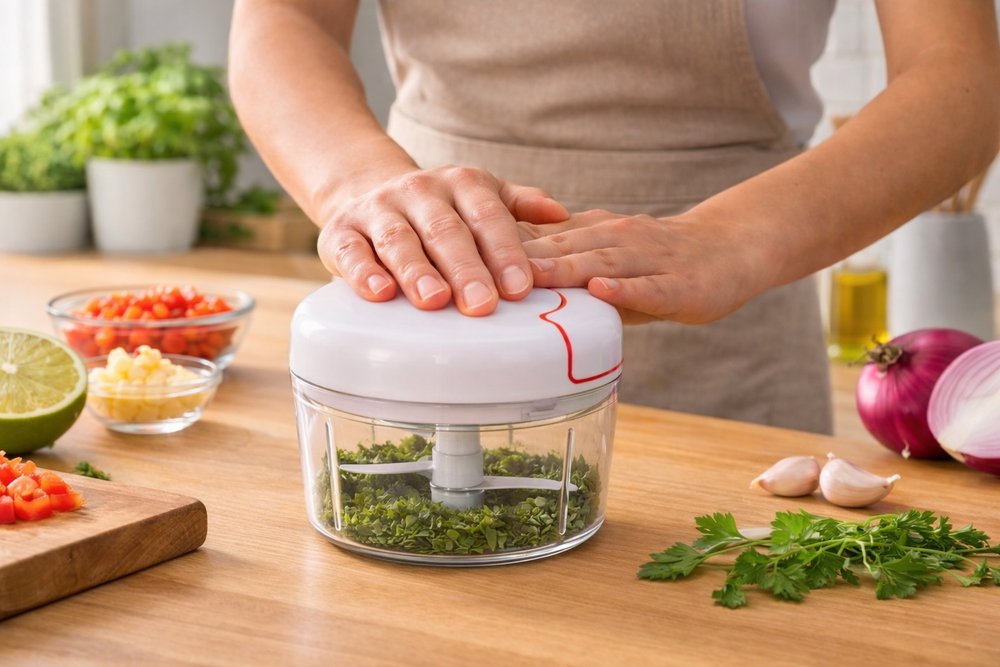 Mini Processador De Alimentos Manual Com 2 Lâminas Corda Retrátil - Imagem 4