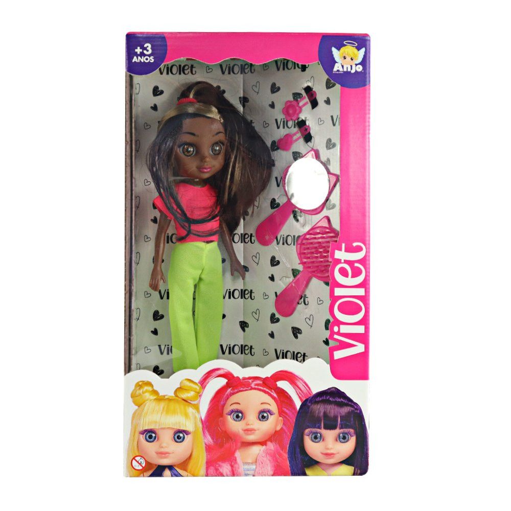 Boneca Violet Negra 30cm com Acessórios Pente Espelho e Prendedores de Cabelo Completo - Imagem 5