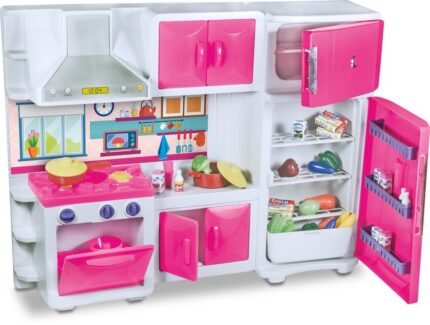 Cozinha de Brinquedo Infantil Completa com Geladeira, Armário, Fogão e Coifa Rosa