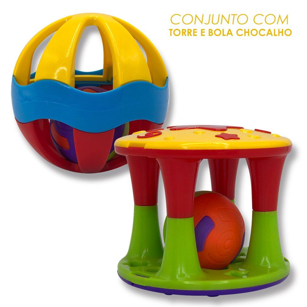 Conjunto Chocalho Torre e Bola Infantil Colorido Material Seguro Estimulador Sensorial - Imagem 2