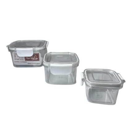 Conjunto 3 Potes Herméticos Quadrados Plástico Transparente Tampa Vedação Cozinha Organizador