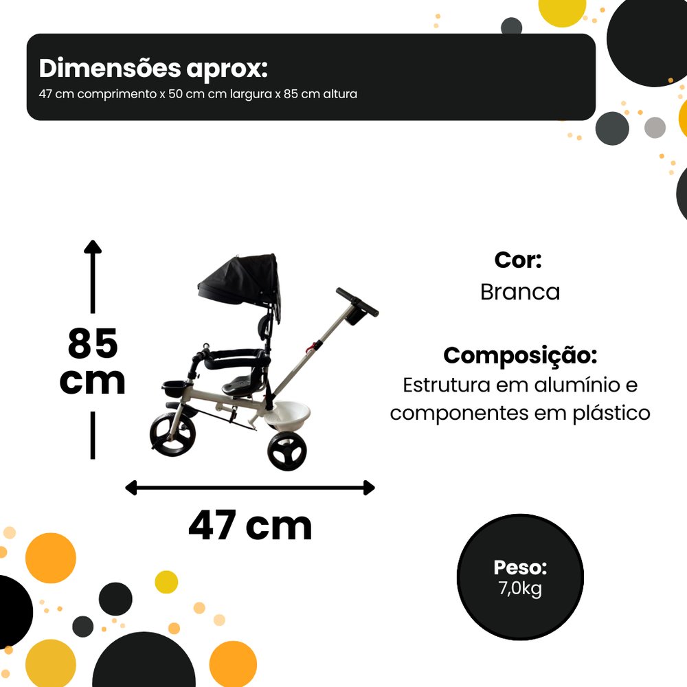 Triciclo Infantil Comfort Branco com Empurrador Ajustável e Rodas Antiderrapantes - Imagem 10
