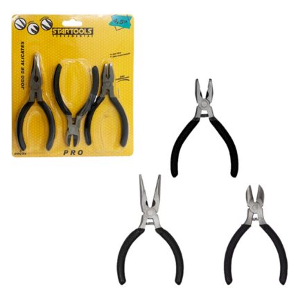 Jogo 3 Mini Alicate com Mola 4,5'' Preto Aço Carbono Corte Preciso Compacto
