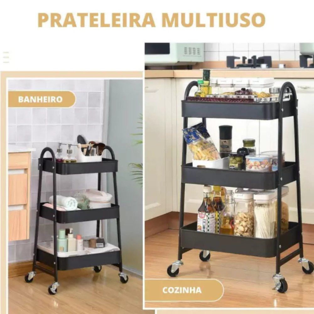 Prateleira de Metal Multiuso 3 Andares com Rodinhas Preto Resistente Organizador - Imagem 2