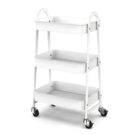 Prateleira de Metal Multiuso 3 Andares com Rodinhas Branco 90x40x100cm Armazenamento Organizador