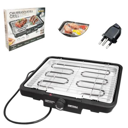Churrasqueira Elétrica Grill 127V Preta com Grelha Removível Antiaderente Para Apartamento