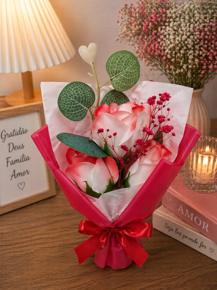 Buquê Decorativo Com Rosa Artificial 24cm - Vermelha - Imagem 3
