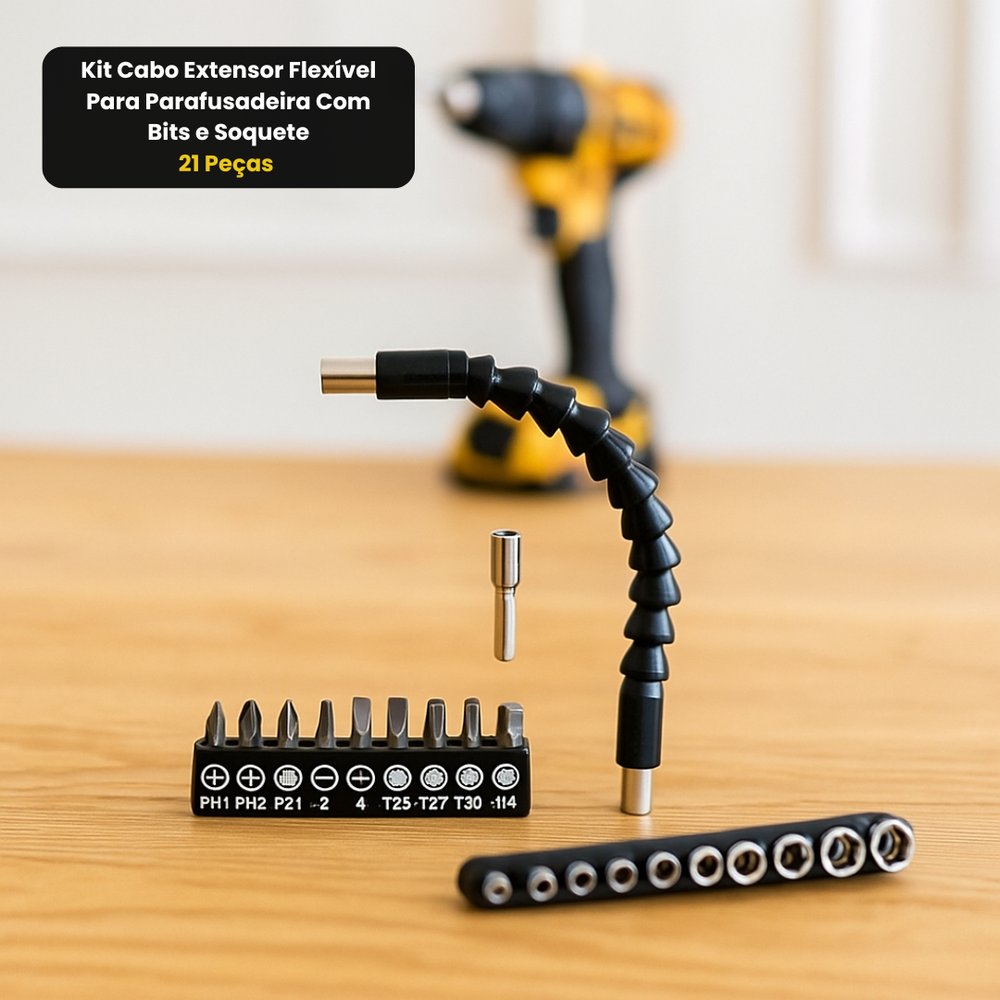 Kit Cabo Extensor Flexível Para Parafusadeira 21 Peças com Bits Soquete Ferramentas Conjunto - Imagem 4