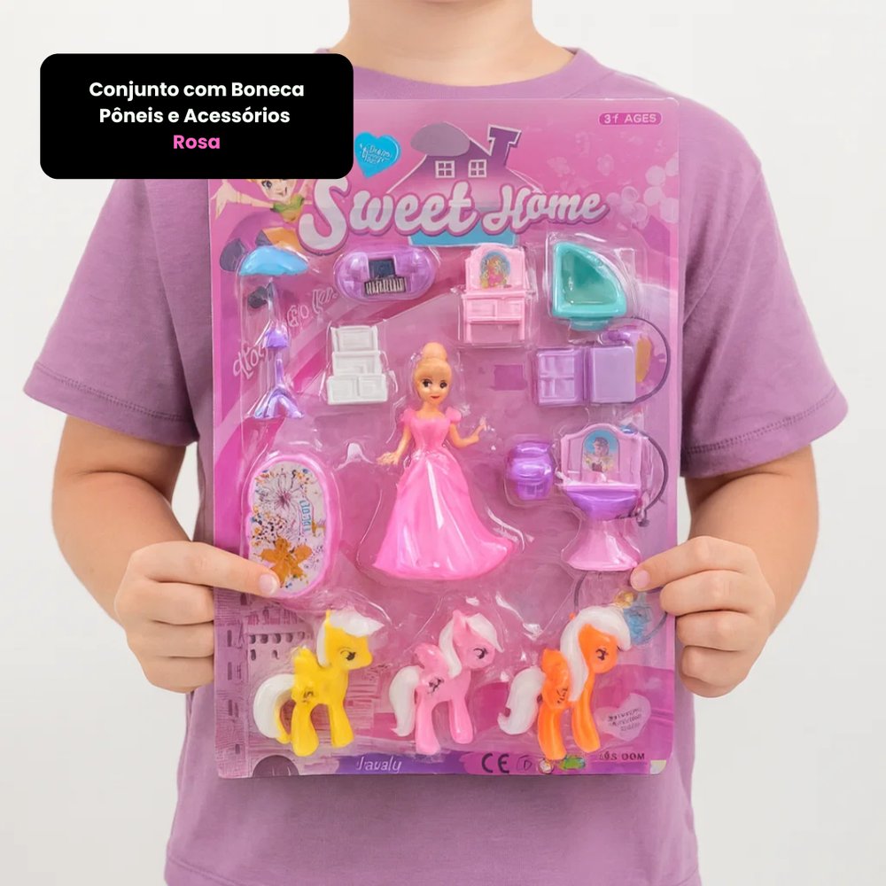 Conjunto Boneca Pôneis com Acessórios Rosa Brinquedo Infantil Moda e Diversão - Imagem 3