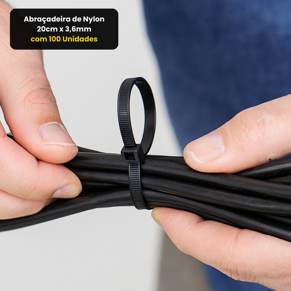 Abraçadeira de Nylon 20cm x 3,6mm 100 Unidades Preta Resistência Alta Fixação Organizador Cabo - Imagem 6