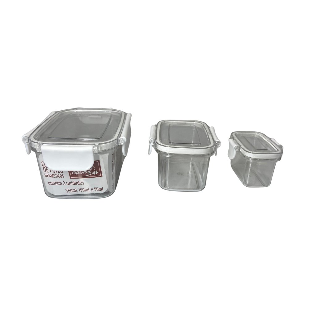 Conjunto 3 Pote Hermético Retangular Plástico Transparente Tampa Vedação Tamanho Pequeno Médio Grande - Imagem 5
