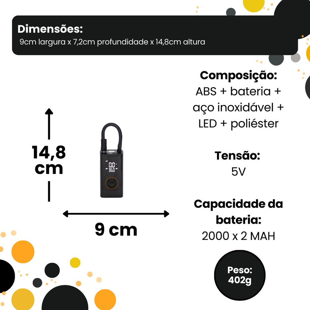 Bomba de Ar Digital Portátil Preta para Pneus Bicicleta Carro Moto Compacta e Automática - Imagem 4