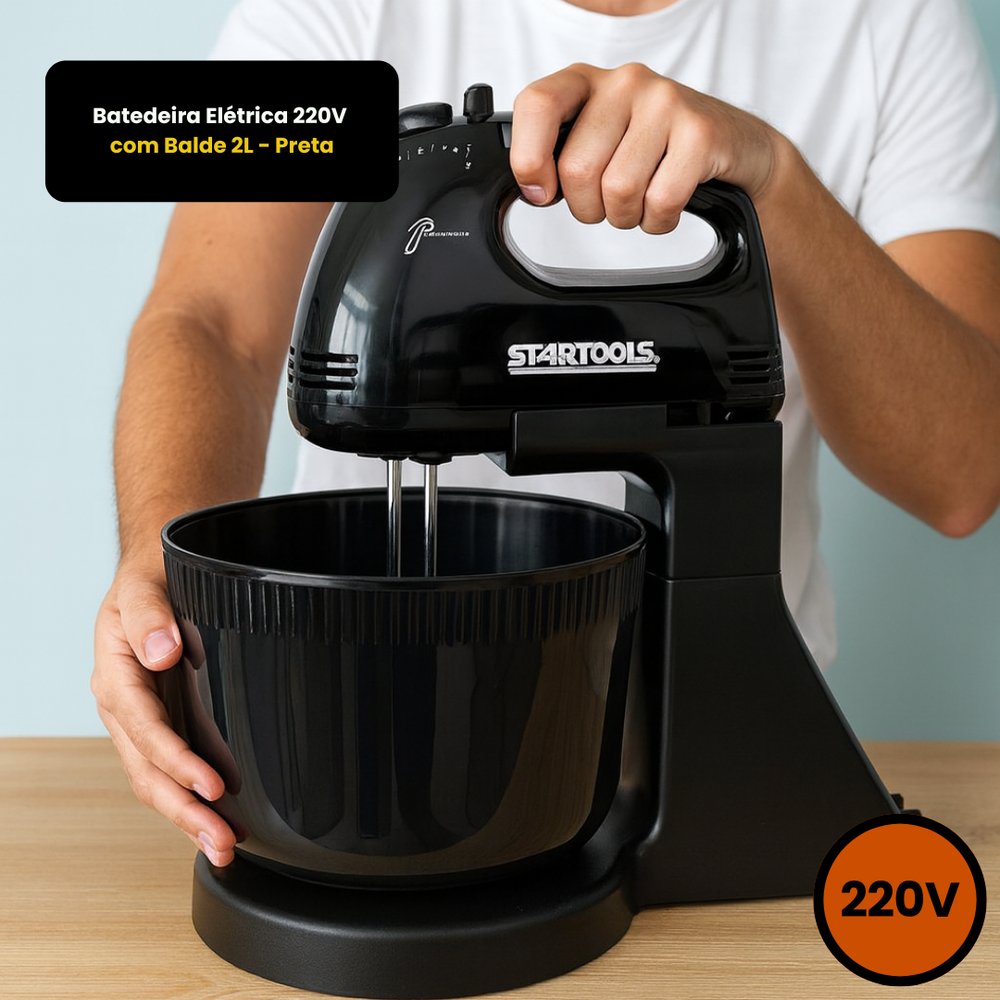 Batedeira Elétrica 220V com Balde 2L Preta 6 Velocidades Inox Potente Cozinha - Imagem 2