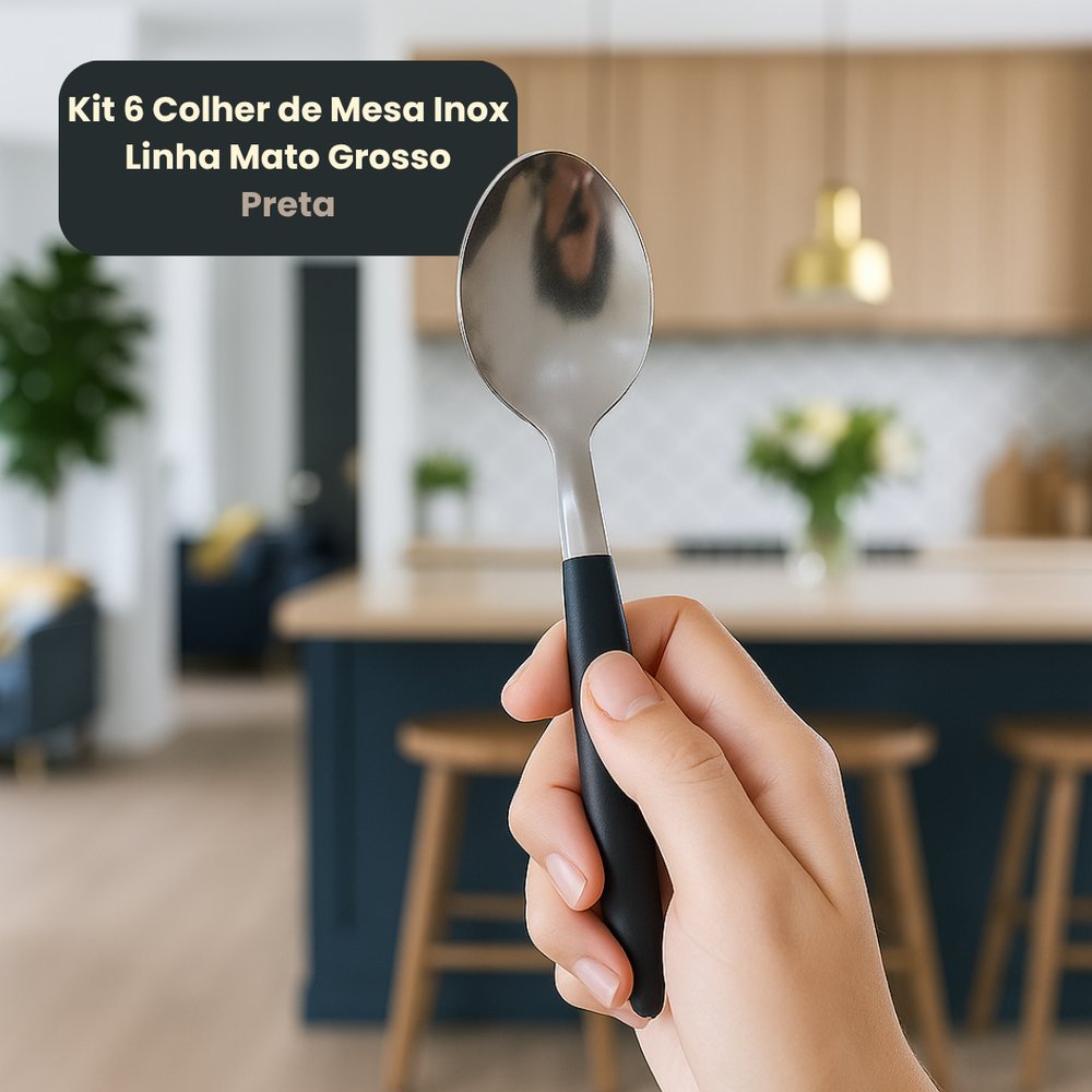 Kit 6 Colheres de Mesa Inox Linha Mato Grosso Cabo Preto 20cm Mesa Jantar - Imagem 5