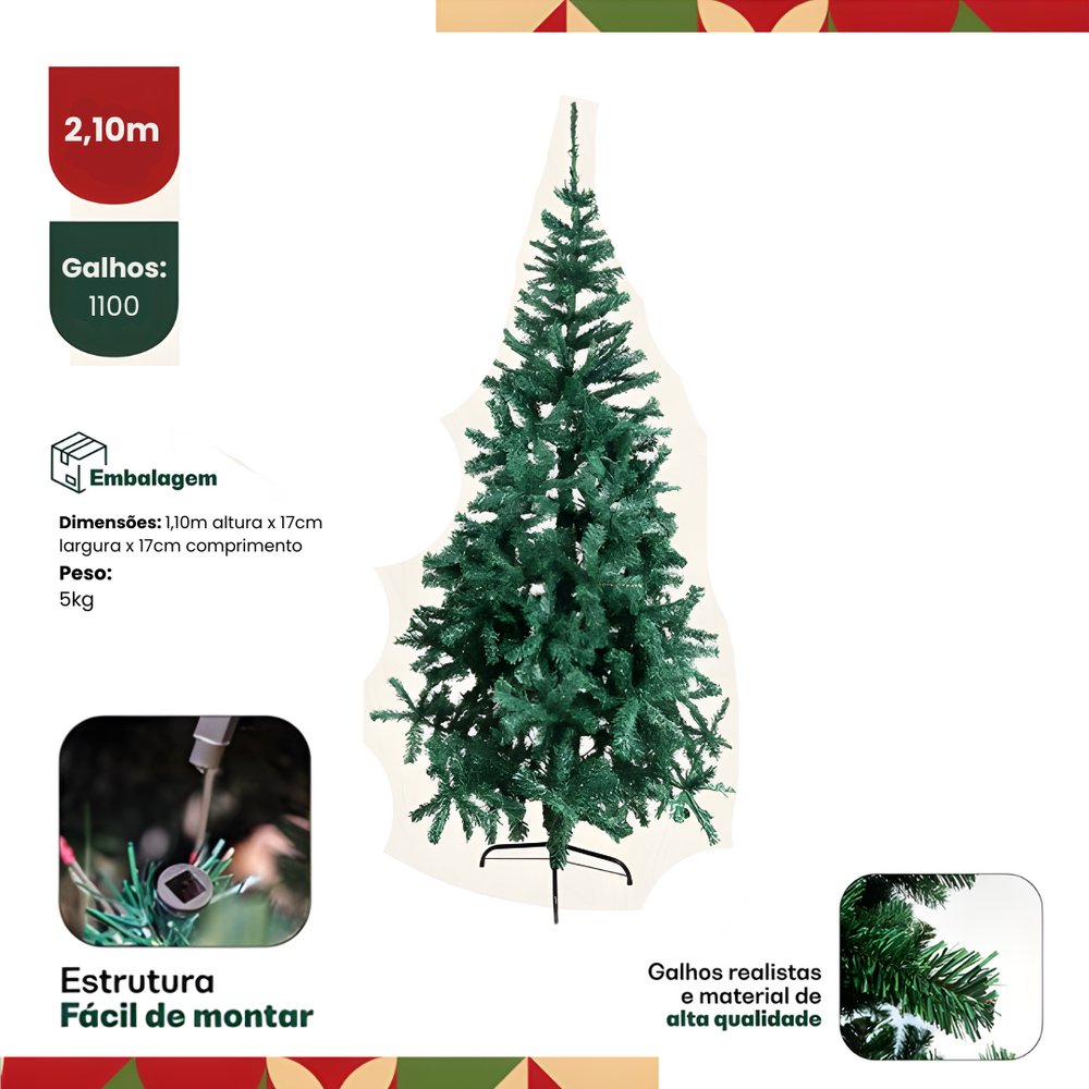 Árvore de Natal Pinheiro 2,10m 1.100 Galhos Verde Natural Artificia Decorativa Natal - Imagem 5