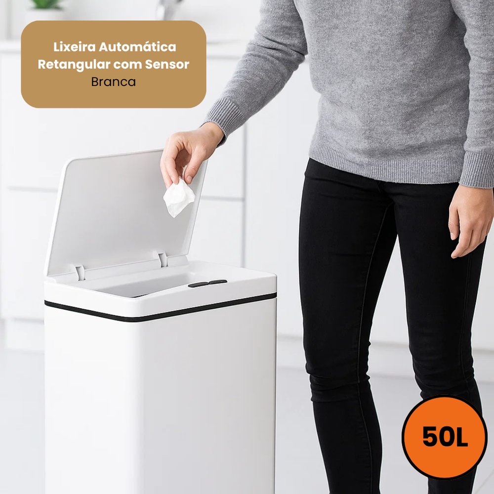 Lixeira Automática Retangular 50 Litros com Sensor de Movimento Branca com Tampa Antiodor - Imagem 5