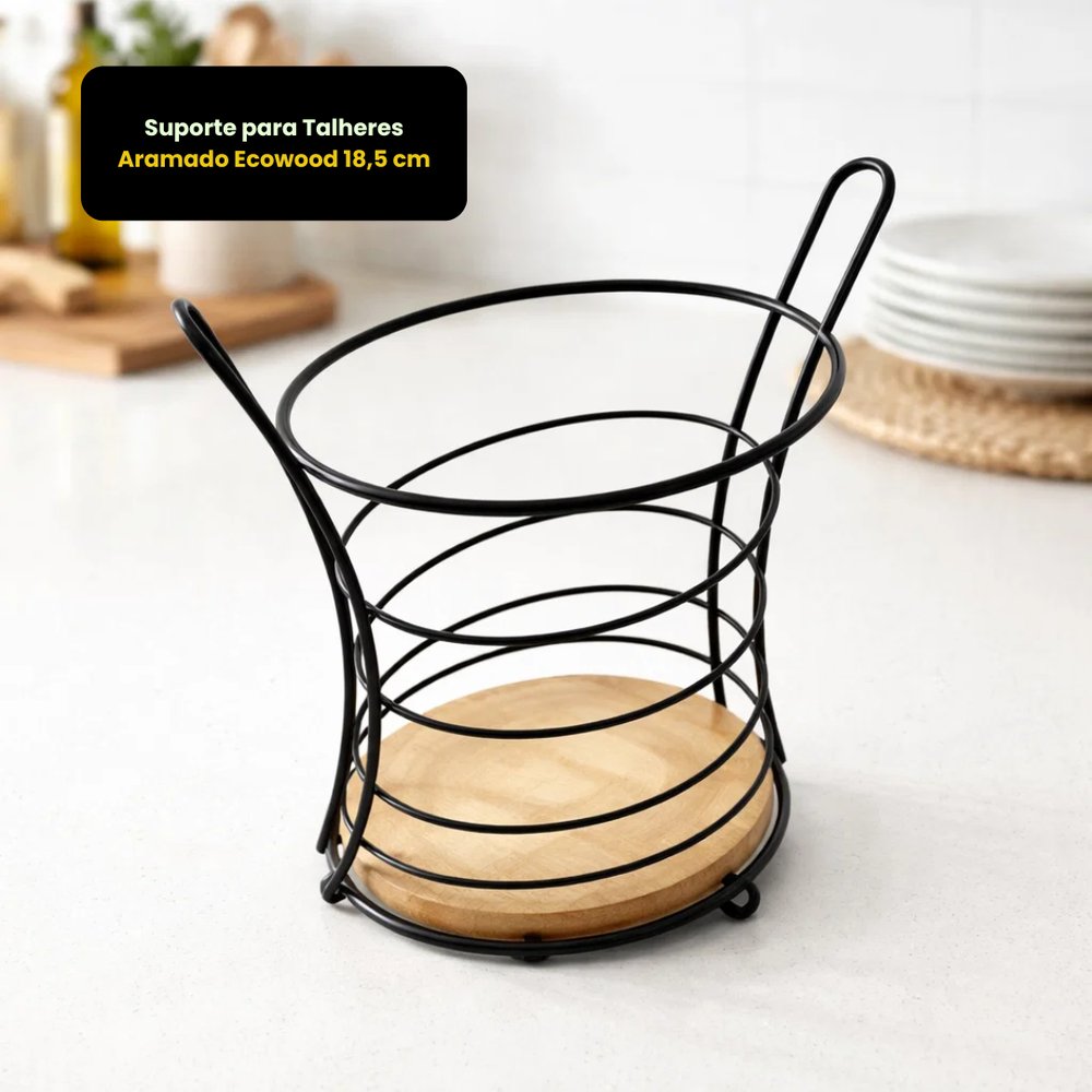 Suporte para Talheres Aramado Ecowood 18,5 cm Organizador Mesa Cozinha Material Metal e Madeira