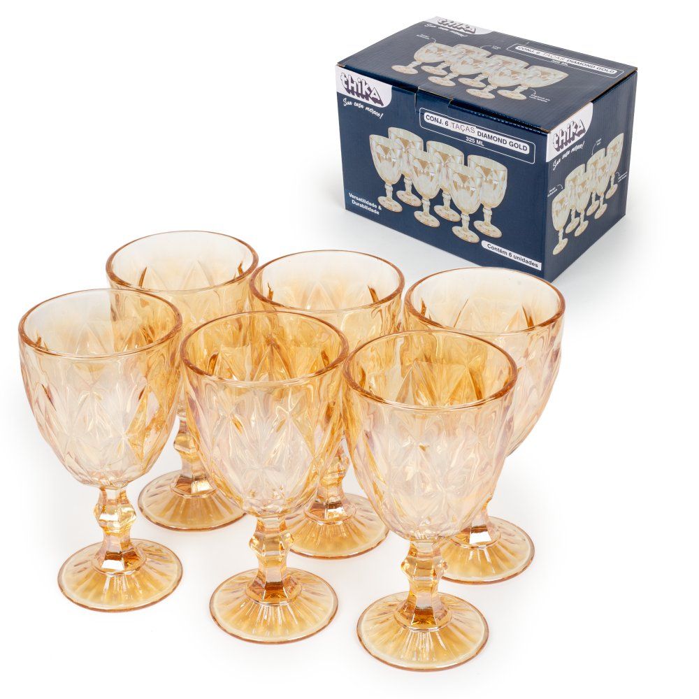 Conjunto 6 Taças de Vidro Diamond Gold 325ml Transparente Modernas para Vinho e Água