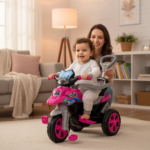 Triciclo Infantil Moto com Pedal e Haste Rosa 3 Rodas Ajustável para Crianças 2 a 5 Anos