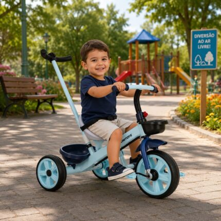 Triciclo Infantil com Empurrador e Pedal- Azul
