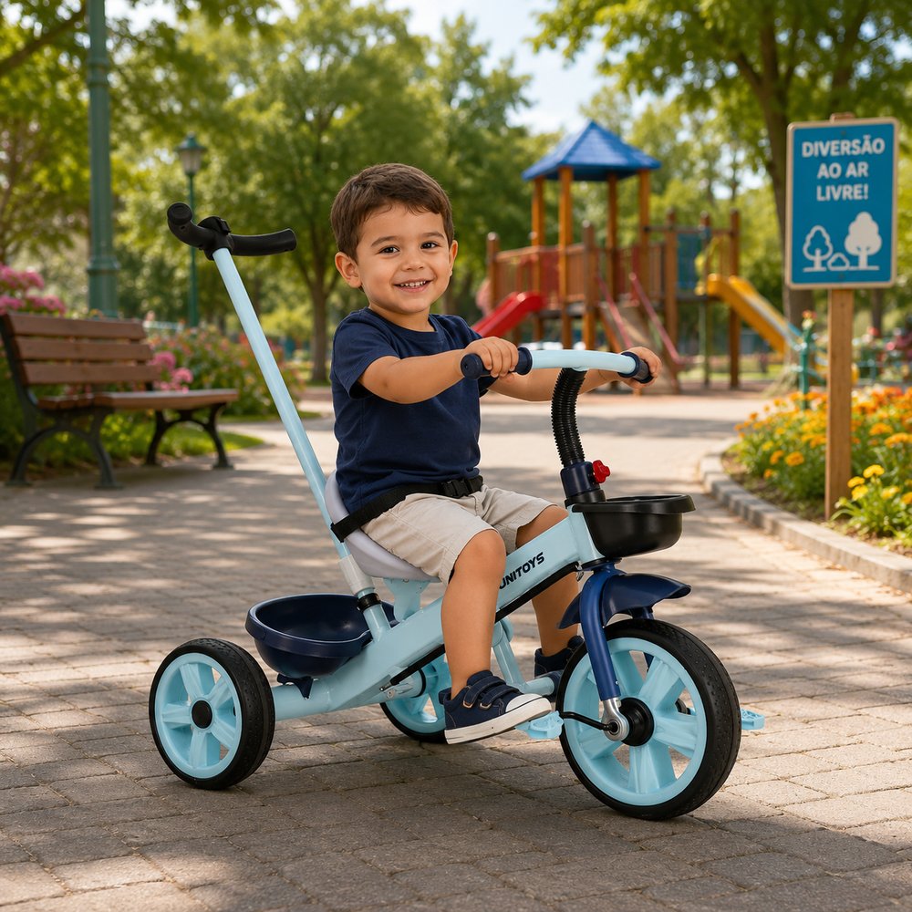 Triciclo Infantil com Empurrador e Pedal- Azul
