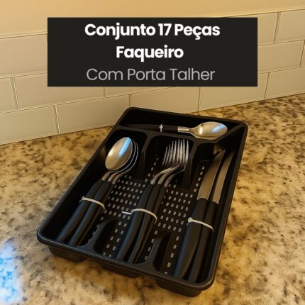 Conjunto Faqueiro 17 Peças Porta Talher Preto Inox- Facas Garfos Colheres