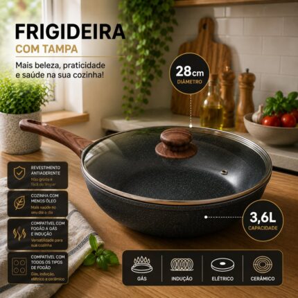 Frigideira com Tampa Revestida Nanocerâmico 28cm- Preta