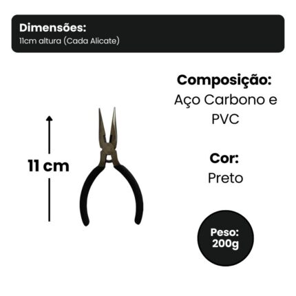 Jogo 3 Mini Alicates 4,5'' com Corte e Bico Reto Aço Carbono Preto