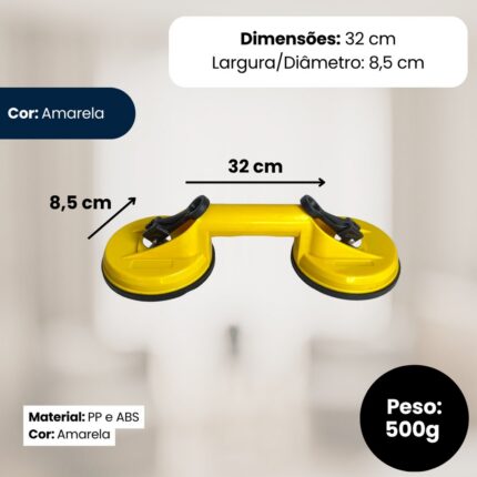 Ventosa Dupla Para Vidro 80kg Amarela Reforçada Material PVC Suporte Forte