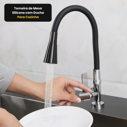 Torneira de Mesa para Cozinha com Ducha Modelo Silicone 360º Flexível Preta Resistência Alta