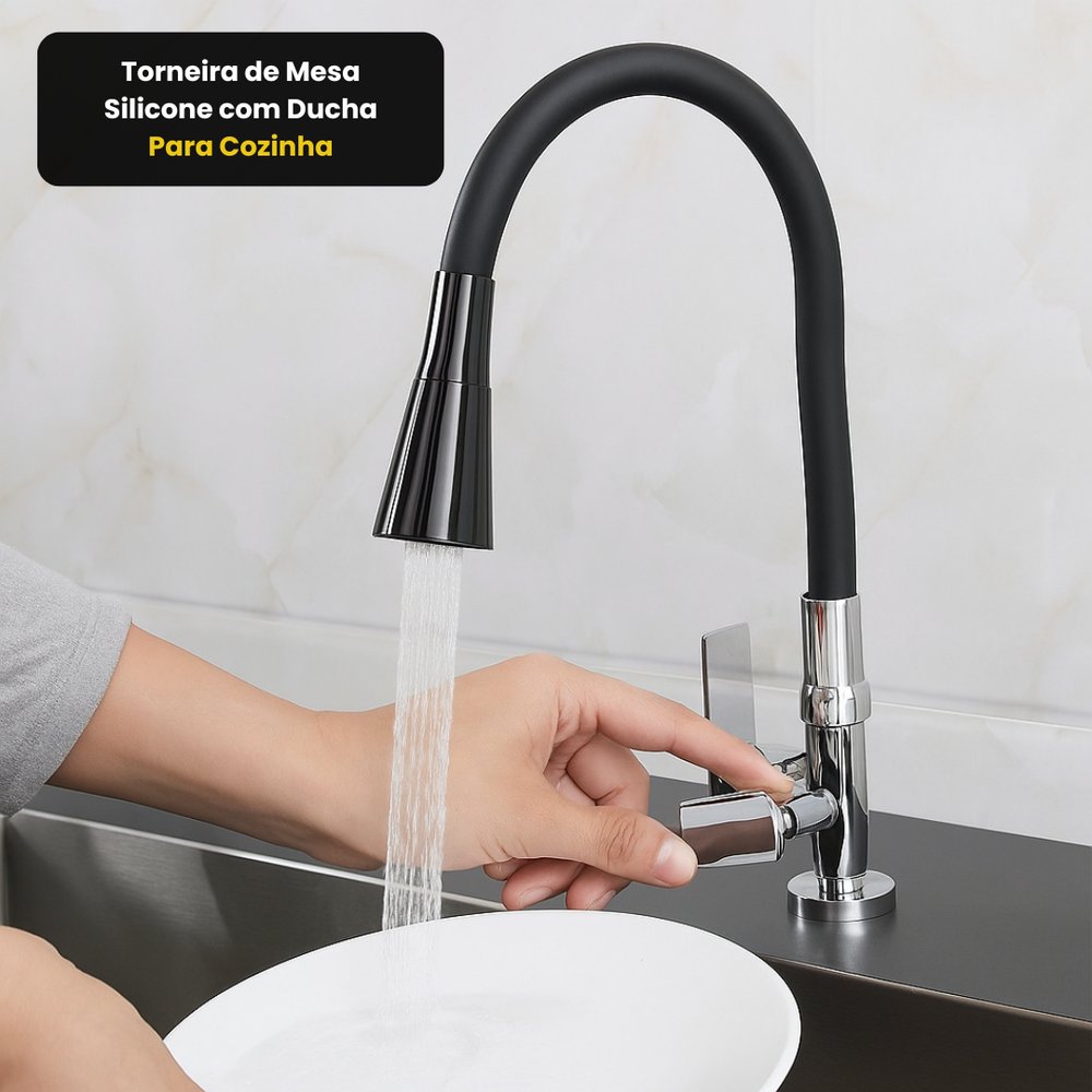 Torneira de Mesa para Cozinha com Ducha Modelo Silicone 360º Flexível Preta Resistência Alta