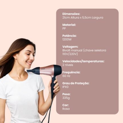 Secador de Cabelo Portátil 1200W Bivolt Rosa Compacto Leve Secagem Rápida