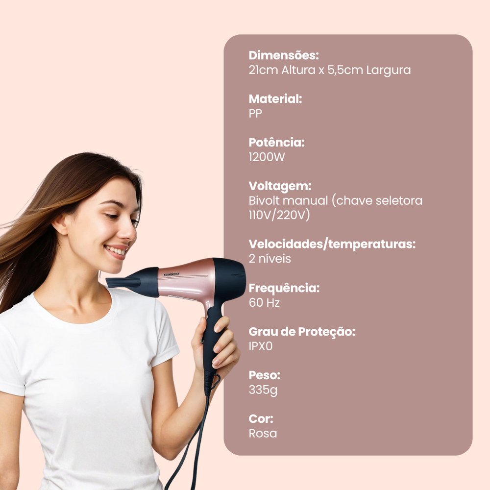 Secador de Cabelo Portátil 1200W Bivolt Rosa Compacto Leve Secagem Rápida