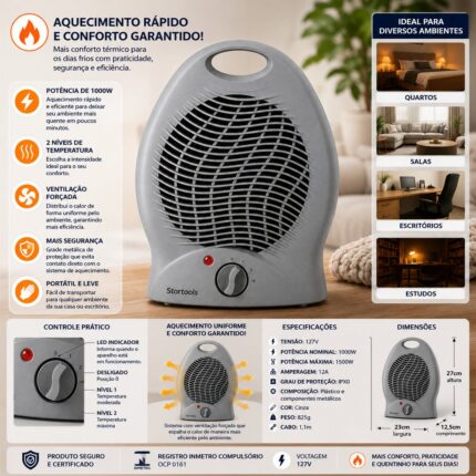 Aquecedor de Ar Elétrico 1000W 127V - Cinza