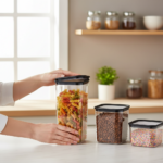 Conjunto 3 Potes Herméticos Plásticos Transparente Tampa Azul Vedação para Mantimento Alimentos