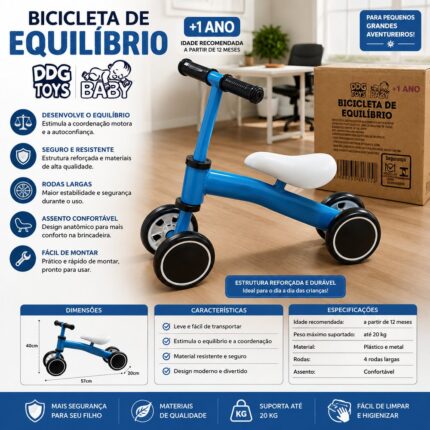 Bicicleta Infantil de Equilíbrio Azul DDG - Para Crianças a partir de 12 meses