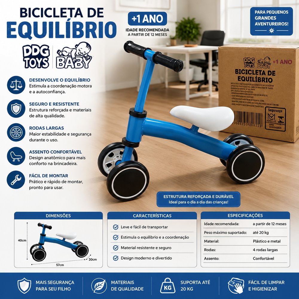 Bicicleta Infantil de Equilíbrio Azul DDG - Para Crianças a partir de 12 meses - Imagem 2