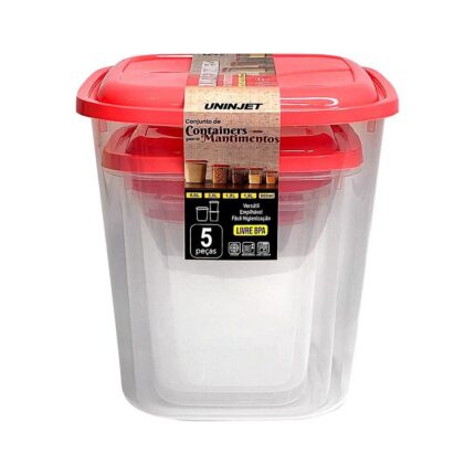 Kit Porta Mantimentos 5 Peças Uninjet Vermelho Tampa Hermética Conservação Alimentos