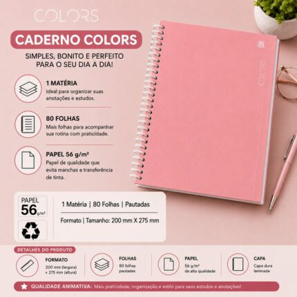 Caderno Universitário Espiral ANIMATIVA 1 Matéria 80 Folhas Rosa