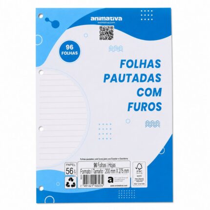 Folha Pautada para Fichário 96 Folhas com Furos ANIMATIVA Papel 200x275mm
