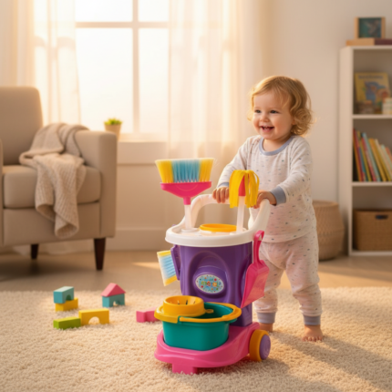 Carrinho de Limpeza Infantil Cleaning Trolley com Balde, Escova, Pá e Material Escolar - Brinquedo Educativo