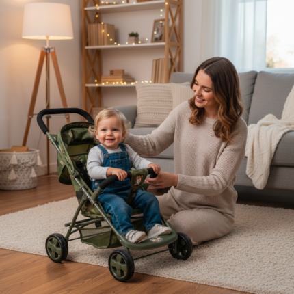 Carrinho de Passeio Jip Jip com Empurrador Cor Militar Bebê Reclinável Compacto e Dobrável