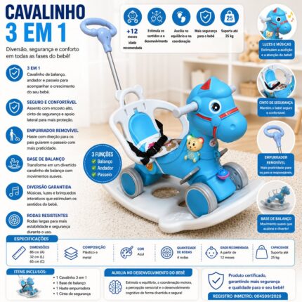 Cavalinho Infantil 3 em 1 Azul com Empurrador, Balanço, Luz e Sons - UNITOYS
